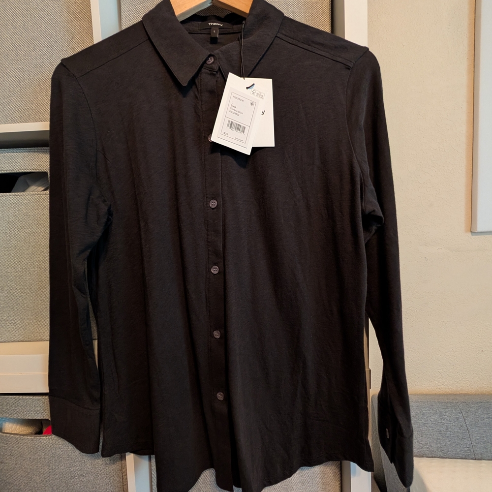 NWT Theory Black Riduro R Sorena Slub Button Up Shirt Size Large